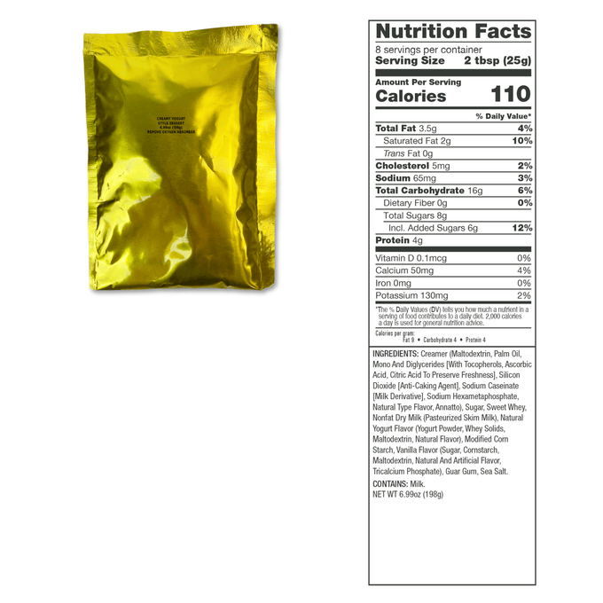 Yellow foil pouch containing a single serving emergency meal with detailed nutrition facts label, suitable for emergency supplies and USA made collections.