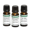 Three amber glass bottles with black caps containing 100% pure essential oils in lavender, peppermint, and tea tree scents, crafted for Health & Wellness collections.