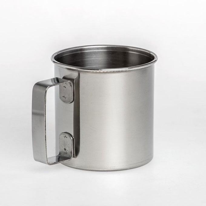 Single durable stainless steel cup with a sturdy handle, ideal for camping, kitchen use, and outdoor activities, featured in Farm, Garden & Tool, Dinnerware, and Best Sellers collections.