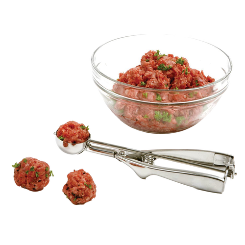 Handcrafted metal scoop with spring mechanism beside glass bowl of seasoned ground meat and formed uniform meatballs, ideal for Kitchen & Food, Cookware, Baking Supplies, and Best Sellers collections.