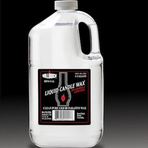 Clear one-gallon plastic jug of liquid paraffin candle wax with a black label featuring red flame icon, suitable for use in Lamps & Lighting, Parts and Accessories, Lamp and Lantern Fuel collections.
