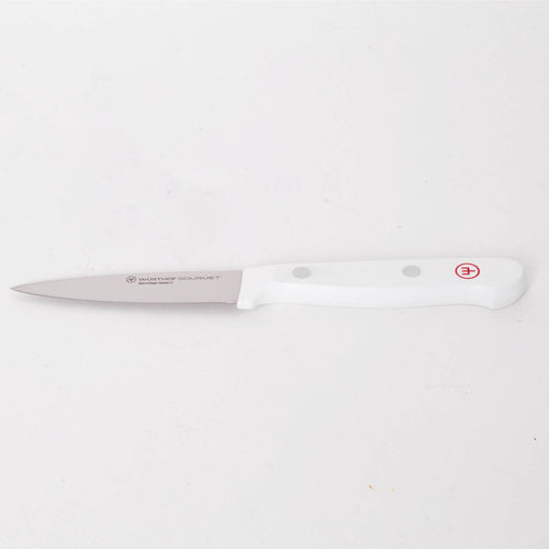 Slim paring knife with a sharp stainless steel blade and ergonomic white handle featuring rivet accents, designed for precision food prep in Kitchen & Food and Food Prep collections.