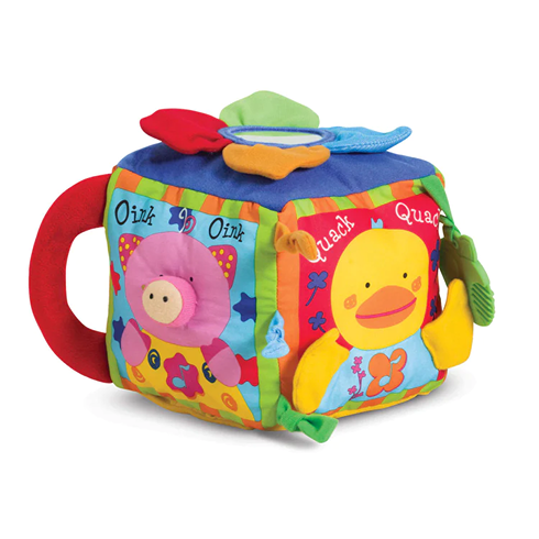 Soft, colorful fabric farmyard cube toy featuring interactive animal sounds, textured elements, and crinkly petals, designed for children's indoor play and learning activities.