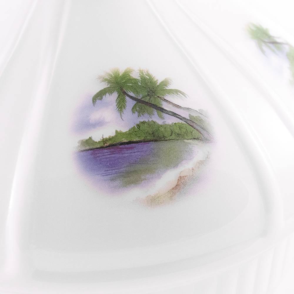 White glass oil lamp shade featuring a delicate painted beach scene with palm trees and shoreline, designed for lamps and lighting, ideal for parts and accessories collections.
