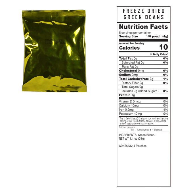 Sealed metallic gold foil pouch containing freeze-dried green beans with visible nutrition facts label, suitable for emergency supplies, pantry, and kitchen collections.