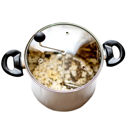 Stainless steel stovetop popcorn popper with glass lid and black handles, featuring a hand crank and visible popping kernels, ideal for Kitchen & Food and Cookware collections.