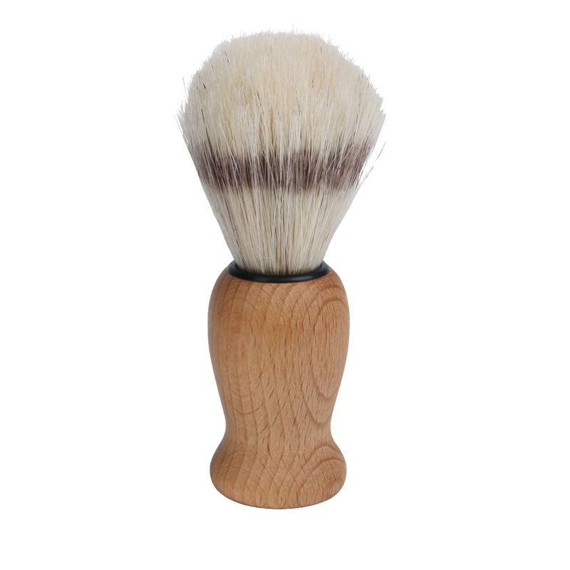 Handcrafted shaving brush with a smooth beechwood handle and dense bristles designed to create a rich lather, featured in Health & Wellness, Grooming and Personal Hygiene, Best Sellers, and Promo Eligible collections.