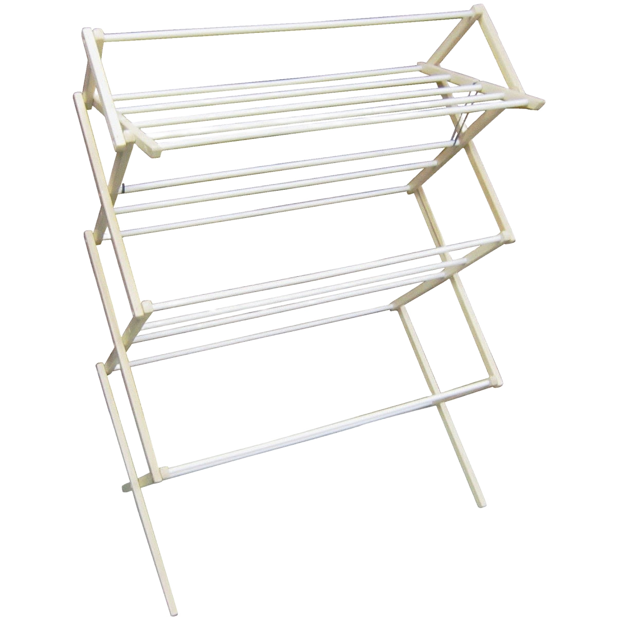 Handcrafted queen-size floor clothes dryer with close-grained, smoothly finished wood and white-coated dowels, made in USA, ideal for compact spaces in Home & Decor and Laundry Supplies collections.