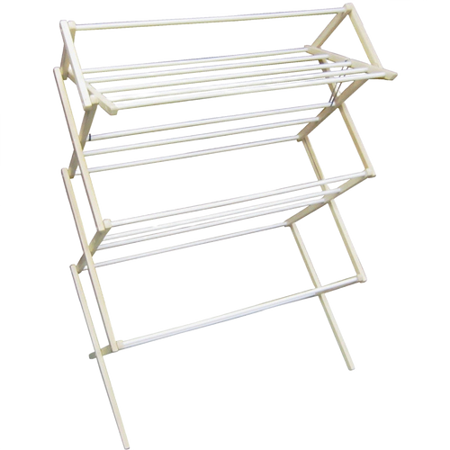 Handcrafted queen-size floor clothes dryer with close-grained, smoothly finished wood and white-coated dowels, made in USA, ideal for compact spaces in Home & Decor and Laundry Supplies collections.