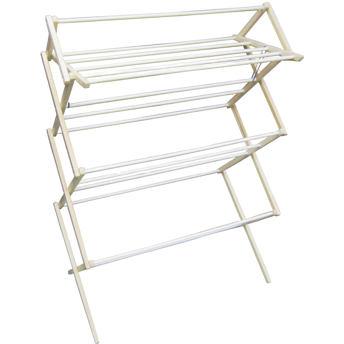 Handcrafted queen-size floor clothes dryer with close-grained, smoothly finished wood and white-coated dowels, made in USA, ideal for compact spaces in Home & Decor and Laundry Supplies collections.