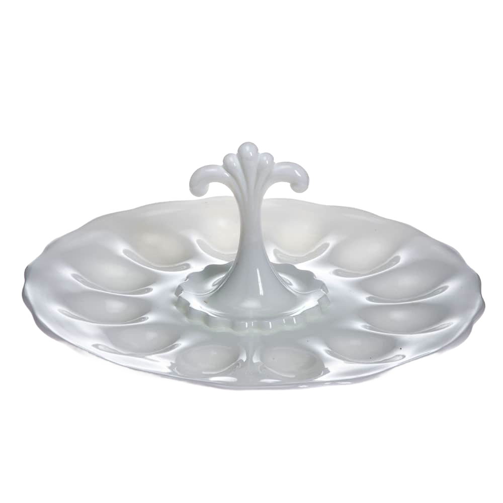 Handcrafted milk glass egg plate with elegant central handle, designed for serving deviled eggs, ideal for Kitchen & Food, Storage and Serving, USA Made, Best Sellers, and Promo Eligible collections.