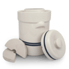 Handcrafted natural stoneware fermenting crock with classic blue stripes, designed for airtight food preservation, ideal for kitchen, farm, and homesteading use in the USA.