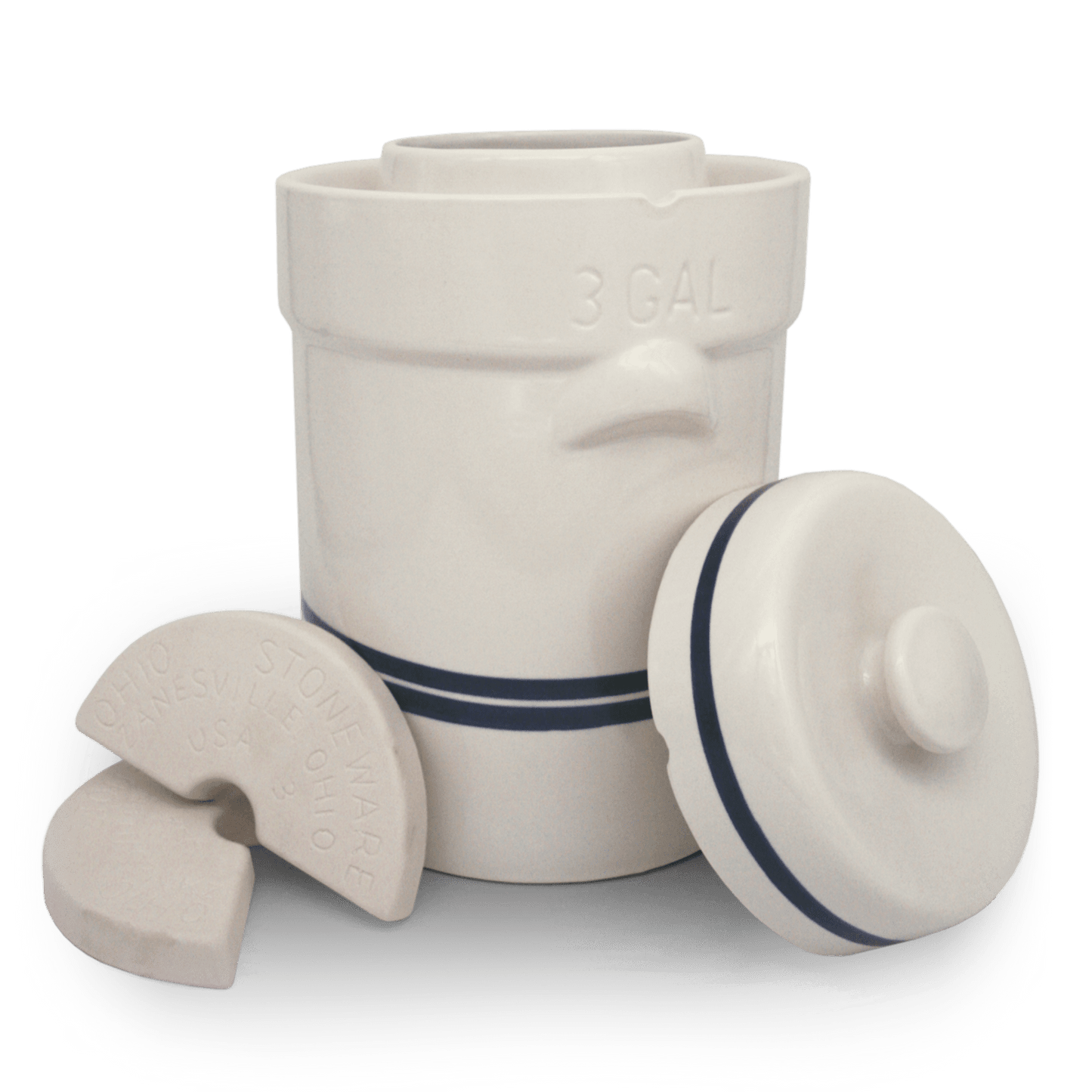 Handcrafted natural stoneware fermenting crock with classic blue stripes, designed for airtight food preservation, ideal for kitchen, farm, and homesteading use in the USA.
