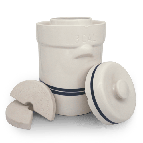 Handcrafted natural stoneware fermenting crock with classic blue stripes, designed for airtight food preservation, ideal for kitchen, farm, and homesteading use in the USA.