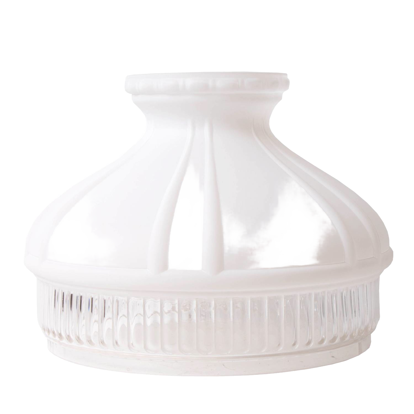 Handcrafted white frosted glass top shade with clear ribbed glass base, designed for Farm, Garden & Tool, Lamps & Lighting, Emergency Supplies, Oil Lamps, Table Lamps, Best Sellers, and Promo Eligible collections.