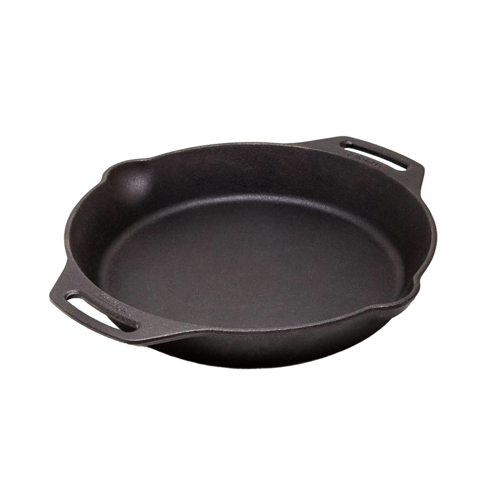 Heavy-duty cast iron skillet with two side handles and pour spouts, ideal for cooking over open fire or in the kitchen, perfect for Farm, Garden & Tool, Camping, and Cookware collections.