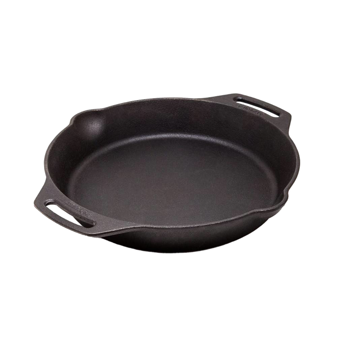 Heavy-duty cast iron skillet with two side handles and pour spouts, ideal for cooking over open fire or in the kitchen, perfect for Farm, Garden & Tool, Camping, and Cookware collections.