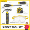 Five-piece children's toolset with real hammer, Phillips and flat screwdrivers, tape measure, and safety goggles, designed for indoor play and hand tool collections.