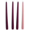 Set of four handcrafted taper candles in three deep purple shades and one soft pink, ideal for Home & Decor, Holiday Decor, Candles, Best Sellers, and Promo Eligible collections.