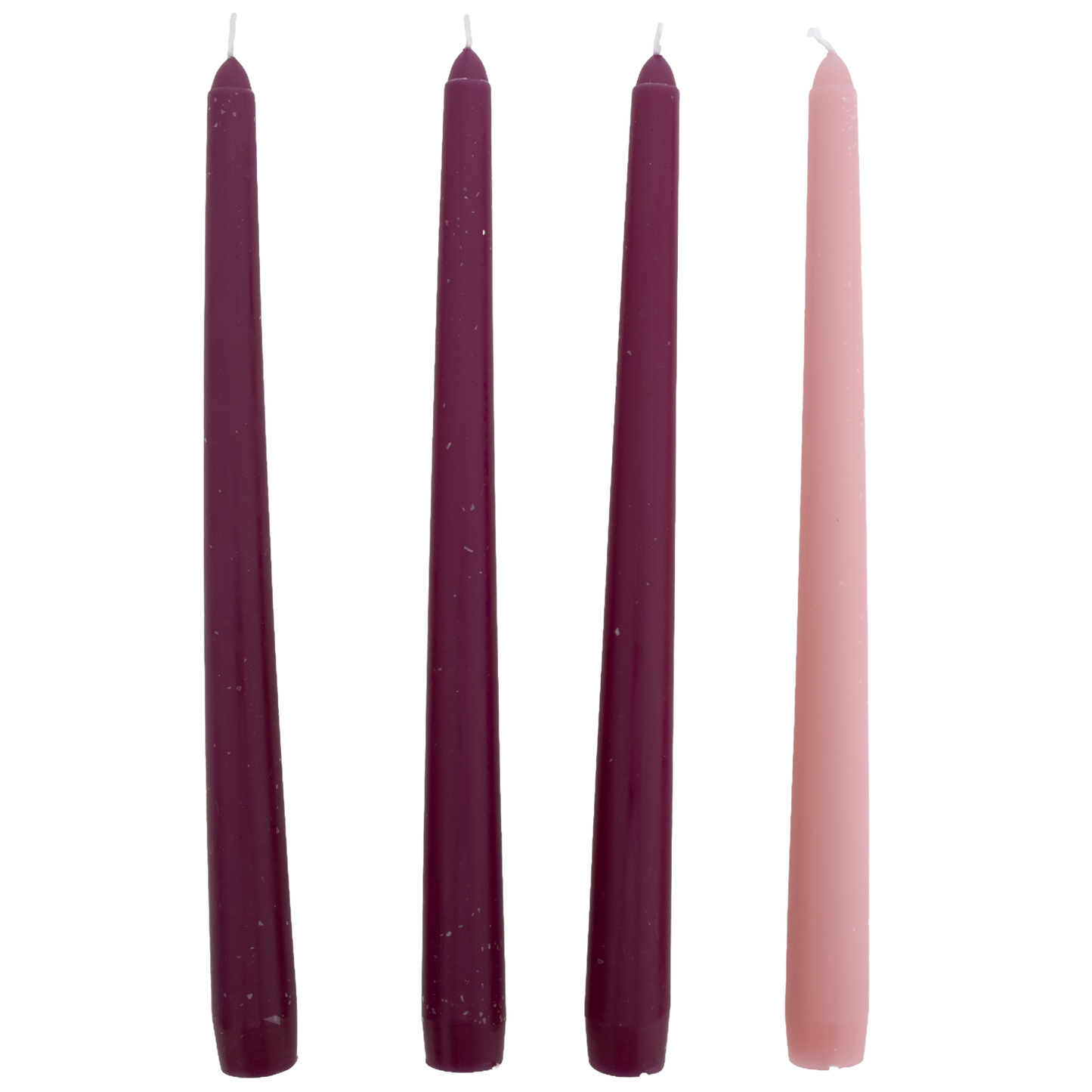 Set of four handcrafted taper candles in three deep purple shades and one soft pink, ideal for Home & Decor, Holiday Decor, Candles, Best Sellers, and Promo Eligible collections.