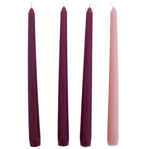 Set of four handcrafted taper candles in three deep purple shades and one soft pink, ideal for Home & Decor, Holiday Decor, Candles, Best Sellers, and Promo Eligible collections.