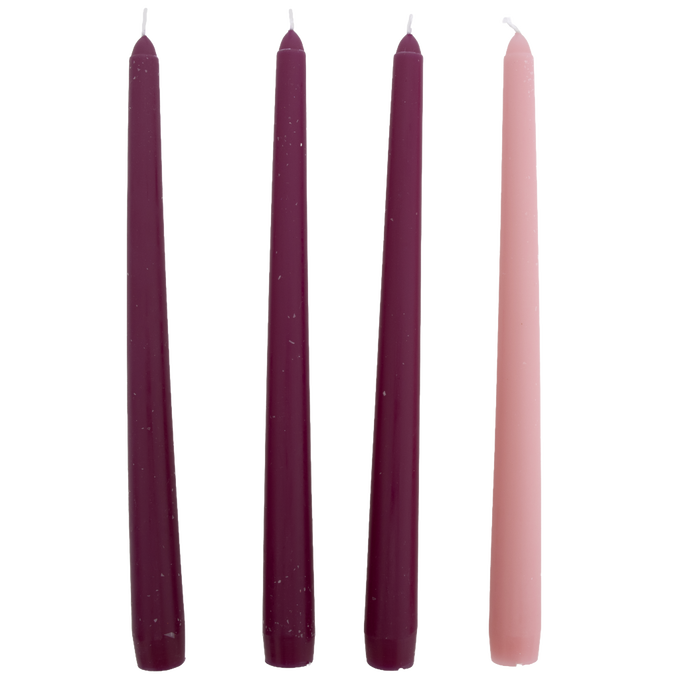 Set of four handcrafted taper candles in three deep purple shades and one soft pink, ideal for Home & Decor, Holiday Decor, Candles, Best Sellers, and Promo Eligible collections.
