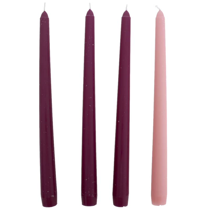 Set of four handcrafted taper candles in three deep purple shades and one soft pink, ideal for Home & Decor, Holiday Decor, Candles, Best Sellers, and Promo Eligible collections.