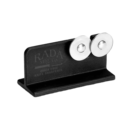 Compact knife sharpener with reinforced nylon base and dual stainless sharpening wheels, designed for quick blade edge restoration, handcrafted and made in USA, ideal for kitchen and food prep.