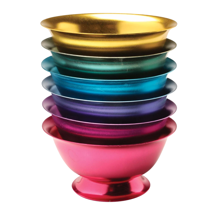 Stack of six vibrant aluminum ice cream bowls in gold, green, blue, purple, magenta, and pink, handcrafted and featured in Kitchen & Food, Dinnerware, and Specialty Equipment collections.