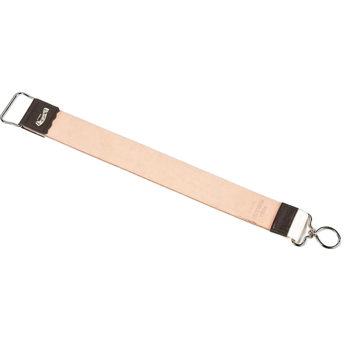 Natural leather strop with metal hardware and a clip, designed to maintain razor edges, featured in Health & Wellness, Grooming and Personal Hygiene, Best Sellers, and Promo Eligible collections.
