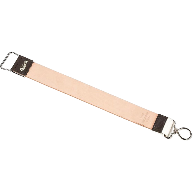 Natural leather strop with metal hardware and a clip, designed to maintain razor edges, featured in Health & Wellness, Grooming and Personal Hygiene, Best Sellers, and Promo Eligible collections.