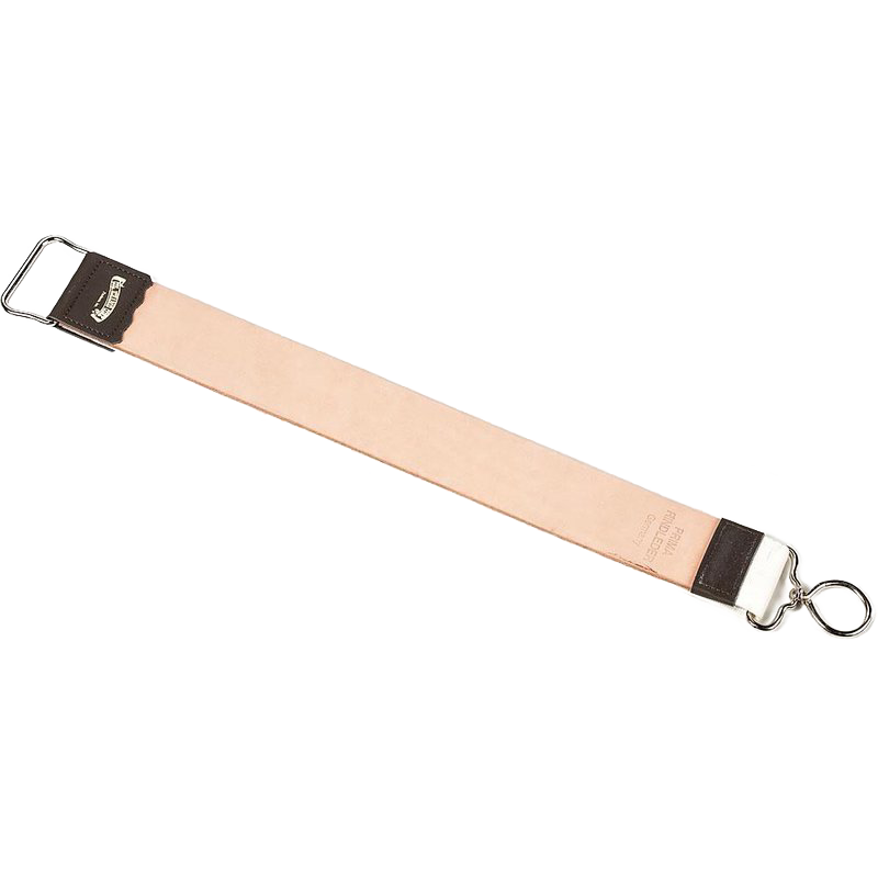 Natural leather strop with metal hardware and a clip, designed to maintain razor edges, featured in Health & Wellness, Grooming and Personal Hygiene, Best Sellers, and Promo Eligible collections.
