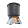 Compact galvanized steel fold-out stove burning a solid fuel cube beneath a black pot, ideal for camping, emergency supplies, and farm, garden & tool collections.