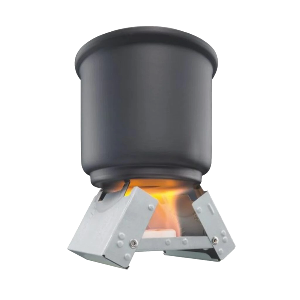 Compact galvanized steel fold-out stove burning a solid fuel cube beneath a black pot, ideal for camping, emergency supplies, and farm, garden & tool collections.