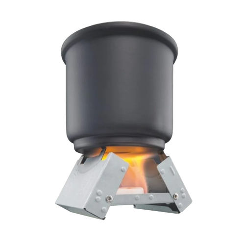 Compact galvanized steel fold-out stove burning a solid fuel cube beneath a black pot, ideal for camping, emergency supplies, and farm, garden & tool collections.