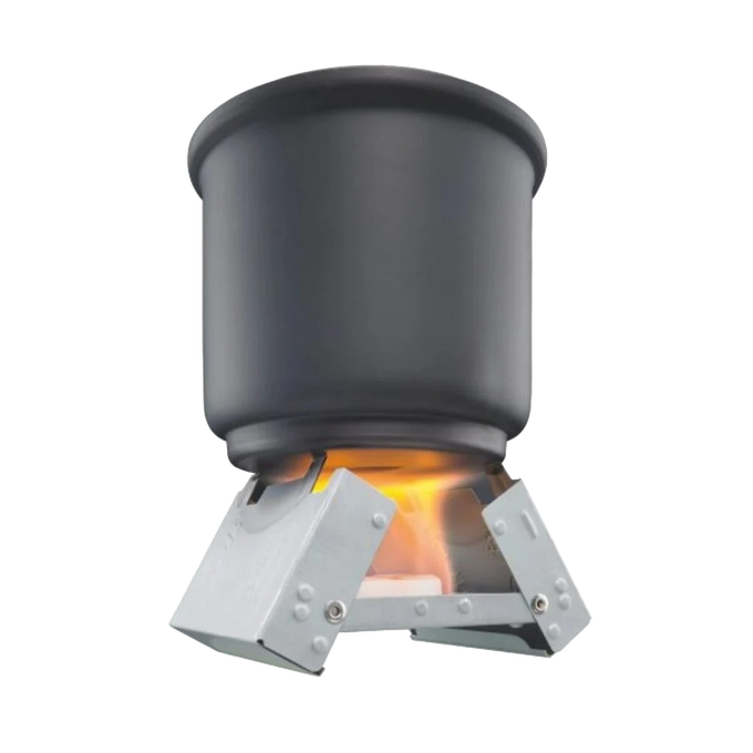 Compact galvanized steel fold-out stove burning a solid fuel cube beneath a black pot, ideal for camping, emergency supplies, and farm, garden & tool collections.