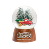 Handcrafted musical snow globe featuring a red vintage truck with a Christmas tree and two dogs, set among snowy pine trees, perfect for Home & Decor and Holiday Decor collections.