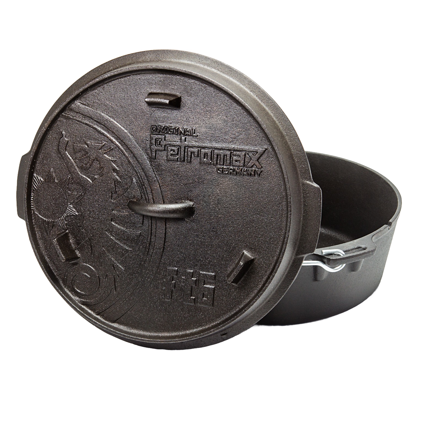 Heavy-duty cast iron cooking pot with flat base, embossed lid featuring a dragon emblem and metal bail handle, designed for Kitchen & Food, Cookware, Cast Iron, Best Sellers, Promo Eligible collections.