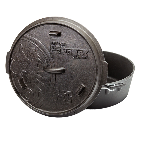 Heavy-duty cast iron cooking pot with flat base, embossed lid featuring a dragon emblem and metal bail handle, designed for Kitchen & Food, Cookware, Cast Iron, Best Sellers, Promo Eligible collections.