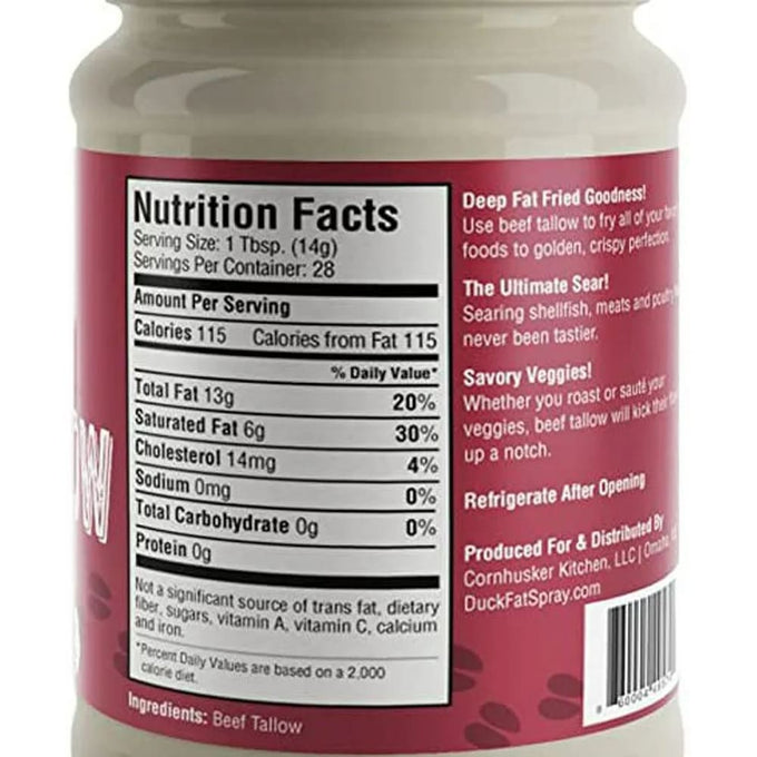 Close-up of nutrition facts and usage instructions on a jar of Premium Rendered Beef Tallow, featured in Kitchen & Food, Pantry, USA Made, and Best Sellers collections.