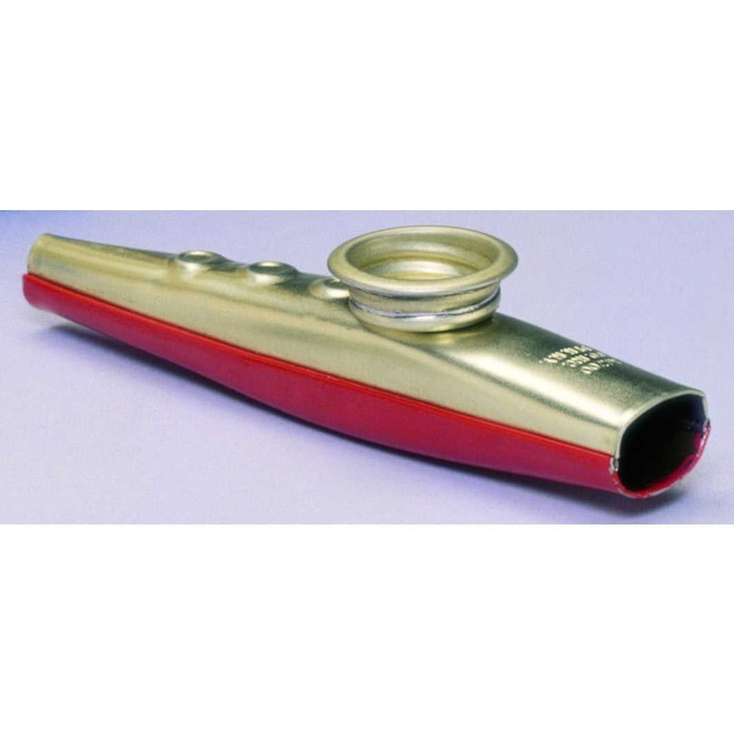Handcrafted metal kazoo with a smooth gold finish and red accents, designed for indoor play, suitable for ages 10 and up, part of Toys, Books & Games and USA Made collections.