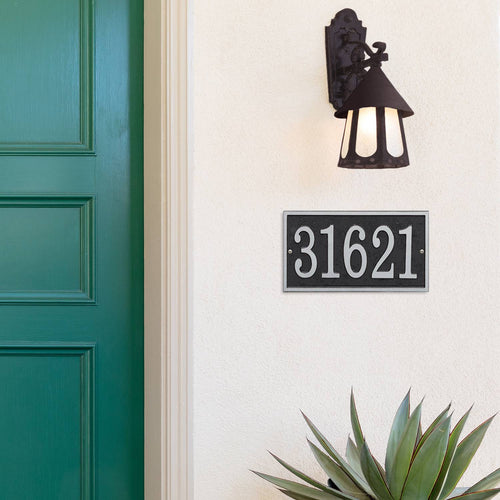 Handcrafted black and silver rectangular custom address plaque with bold numbers mounted on white stucco near a green door and vintage-style wall lantern, part of Home & Decor, Household Helpers, and Mailboxes and Address Signs collections.