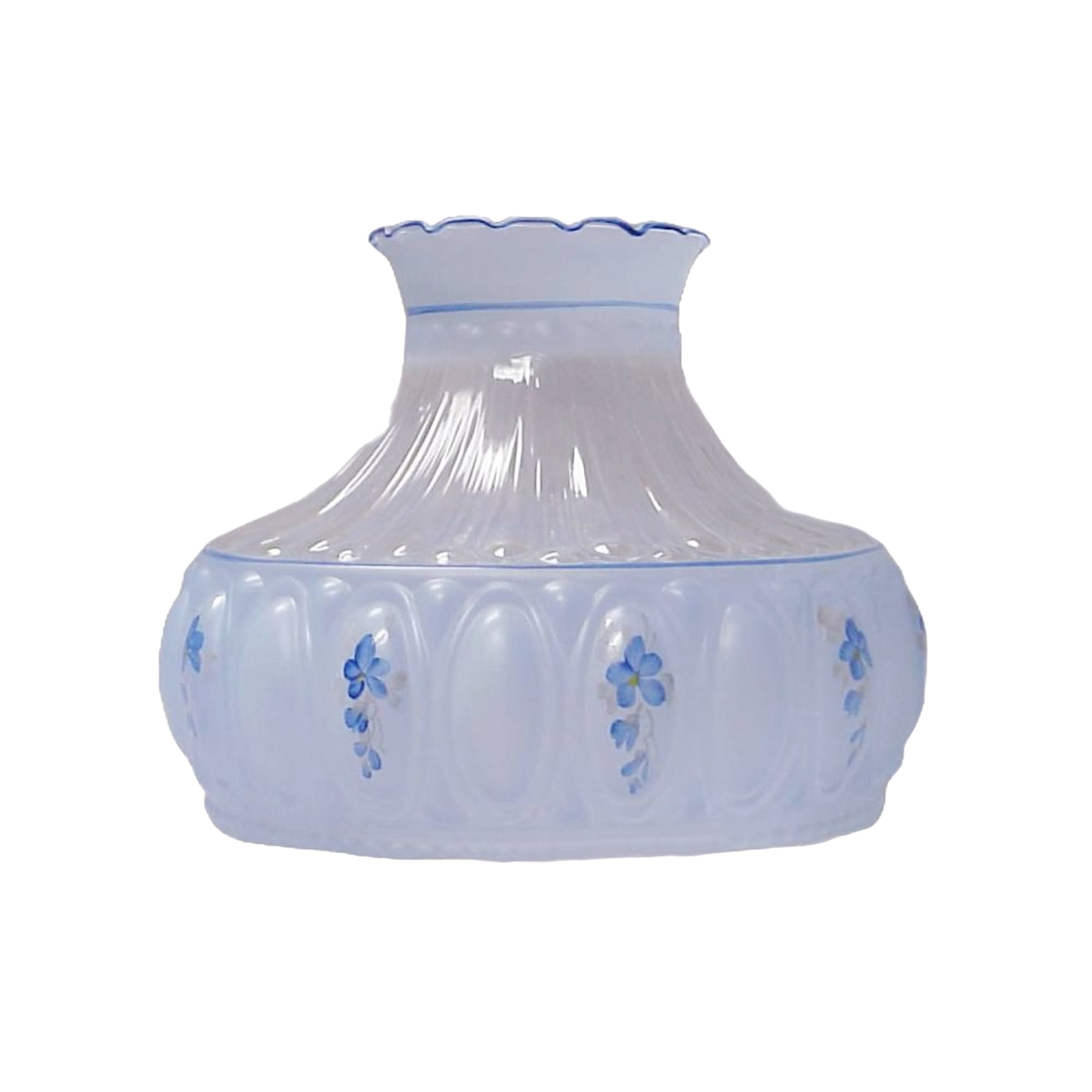 Blue glass oil lamp shade with delicate meadow flower accents and ruffled rim, designed to soften light for lamps, featured in Lamps & Lighting and Lamp Shades collections.
