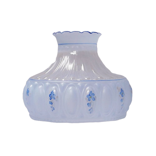 Blue glass oil lamp shade with delicate meadow flower accents and ruffled rim, designed to soften light for lamps, featured in Lamps & Lighting and Lamp Shades collections.