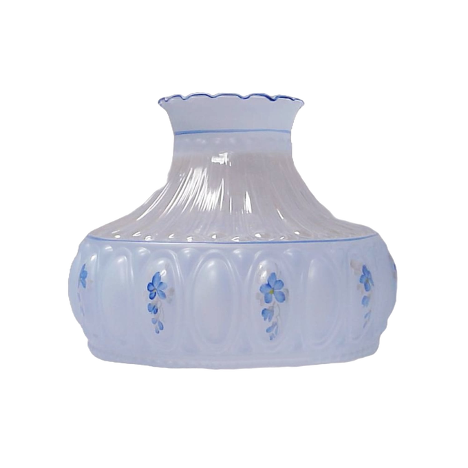 Blue glass oil lamp shade with delicate meadow flower accents and ruffled rim, designed to soften light for lamps, featured in Lamps & Lighting and Lamp Shades collections.