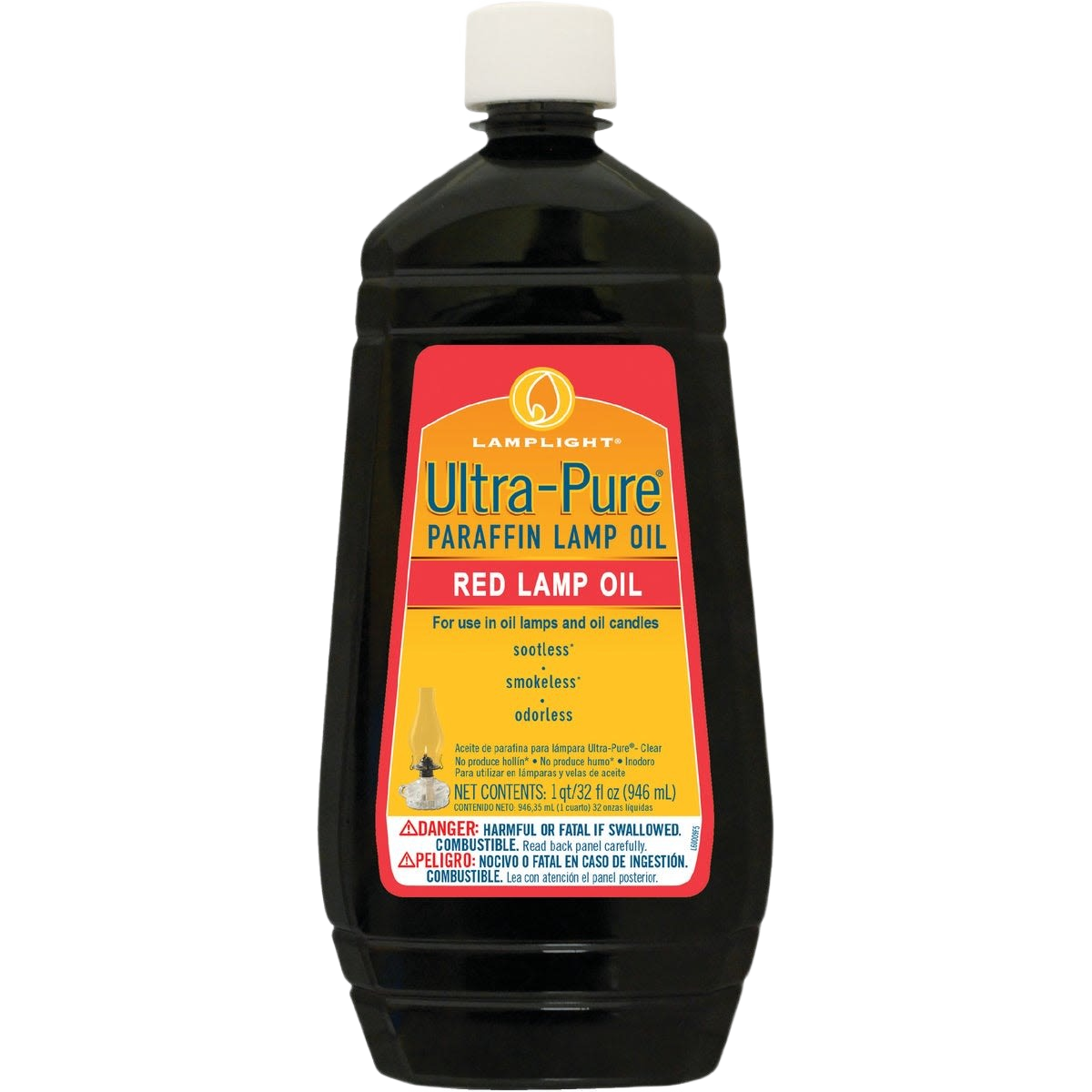 Plastic bottle of red ultra-pure paraffin lamp oil with a white cap and labeled container for clean, sootless, smokeless, and odorless fuel in lamps and candles, part of lamp and lantern fuel and best sellers collections.