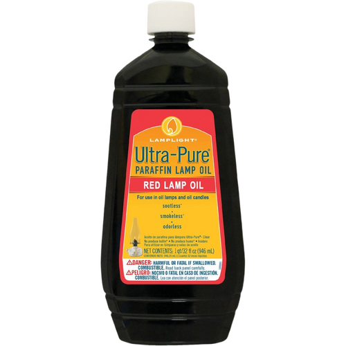 Plastic bottle of red ultra-pure paraffin lamp oil with a white cap and labeled container for clean, sootless, smokeless, and odorless fuel in lamps and candles, part of lamp and lantern fuel and best sellers collections.
