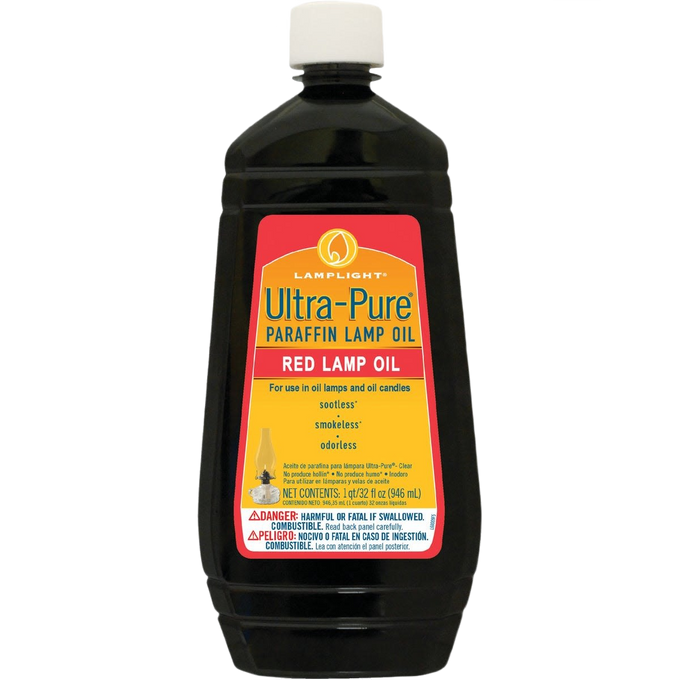 Plastic bottle of red ultra-pure paraffin lamp oil with a white cap and labeled container for clean, sootless, smokeless, and odorless fuel in lamps and candles, part of lamp and lantern fuel and best sellers collections.