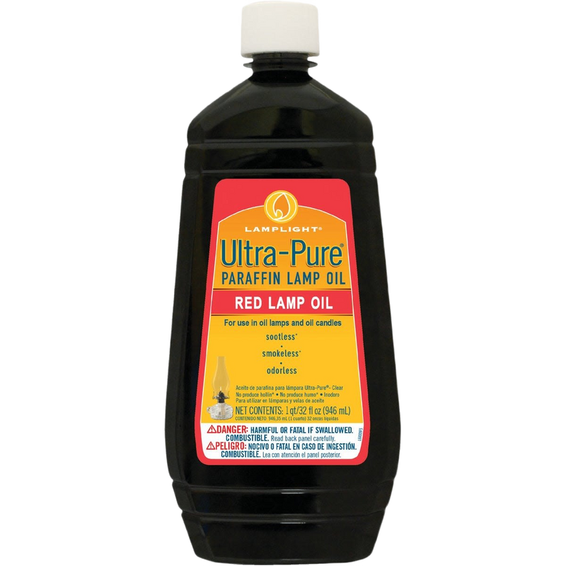 Plastic bottle of red ultra-pure paraffin lamp oil with a white cap and labeled container for clean, sootless, smokeless, and odorless fuel in lamps and candles, part of lamp and lantern fuel and best sellers collections.
