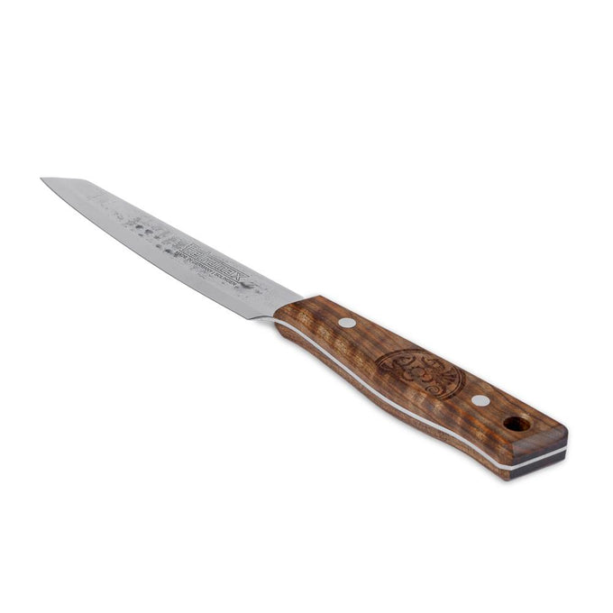 Handcrafted utility knife with a sharp, durable high-quality steel blade and a robust walnut handle featuring decorative engraving, perfect for farm, kitchen, camping, and food prep.